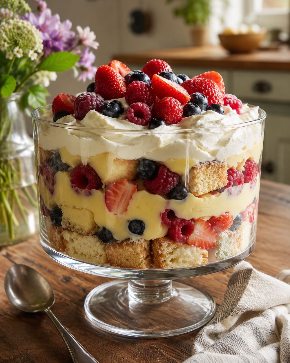 A homemade berry trifle in a clear glass bowl, layered with sponge cake, custard, whipped cream, strawberries, raspberries and blueberries on a wooden table.