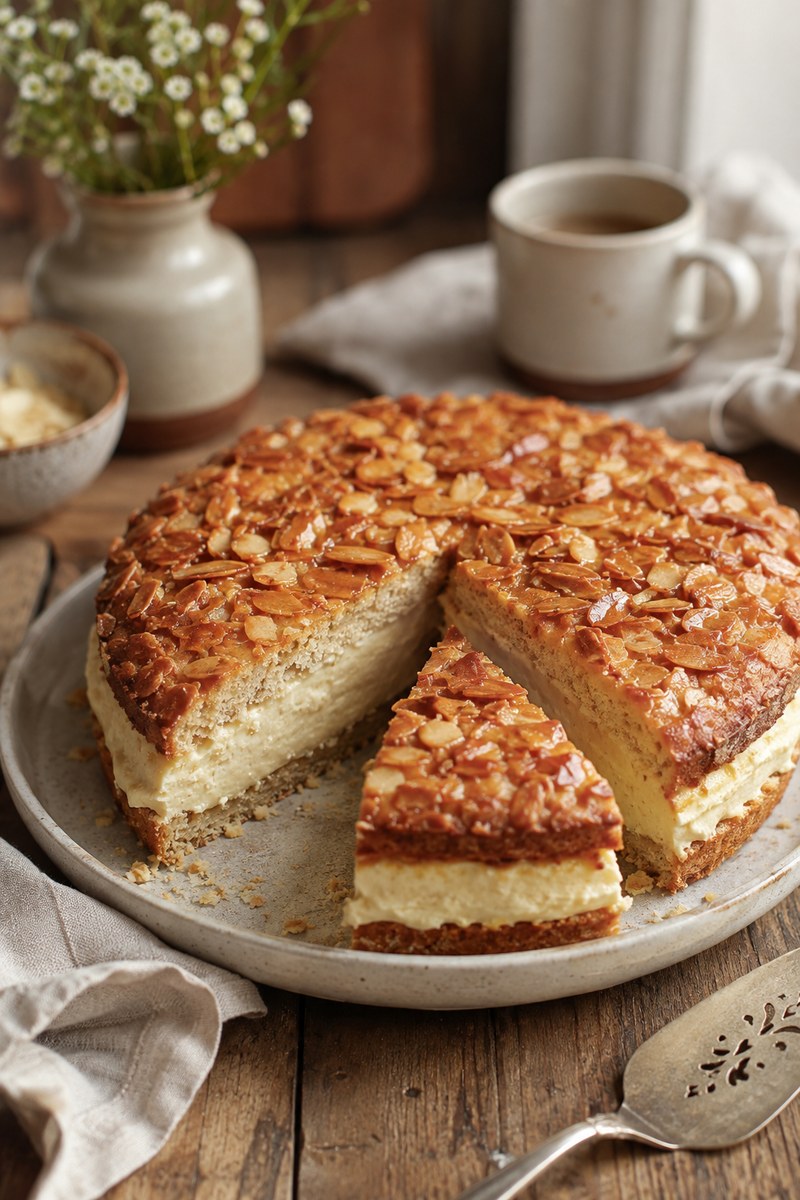 Bee Sting Cake made with soft yeast cake, vanilla cream filling and a caramelised honey almond topping. b