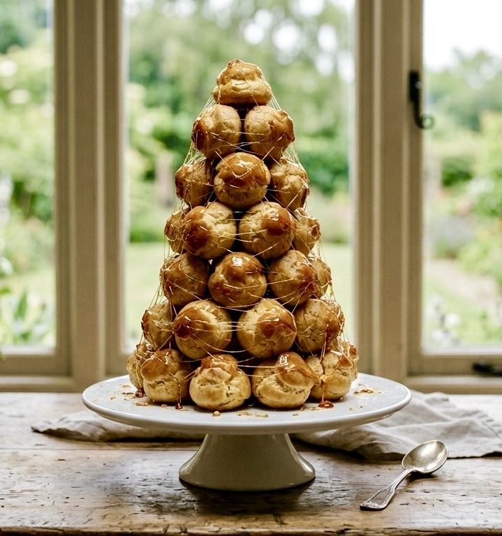 Croquembouche tower of golden choux buns bound with caramel and draped in fine sugar threads, on a white cake stand beside a window.