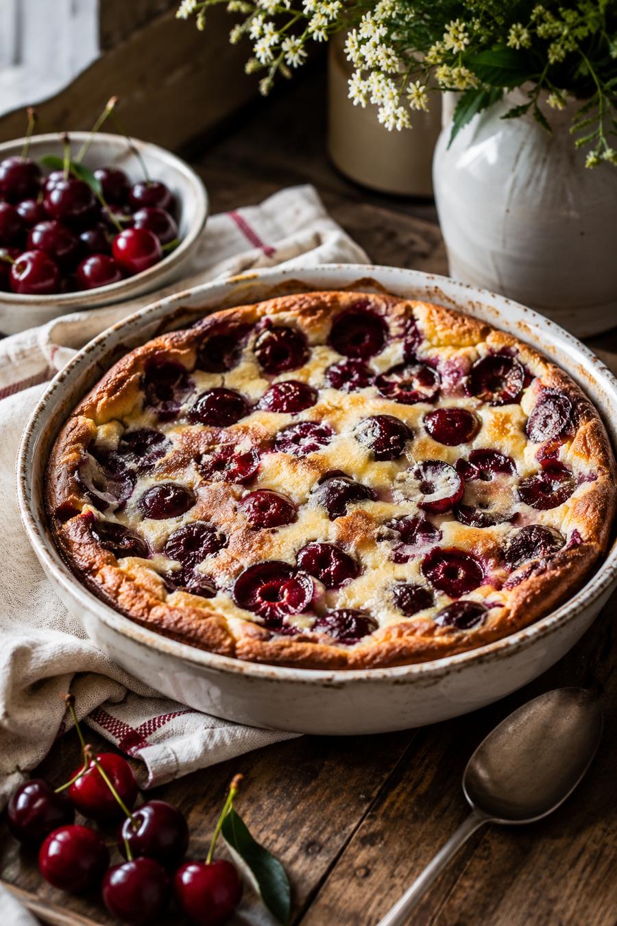 Homemade cherry clafoutis baked until golden, with juicy red cherries set in a soft, custard-like batter.