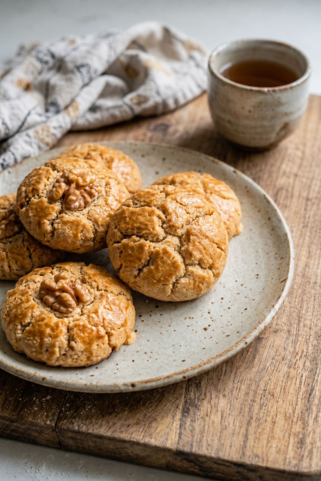 Golden Chinese walnut biscuits, known as hup toh soh, arranged on a plate.