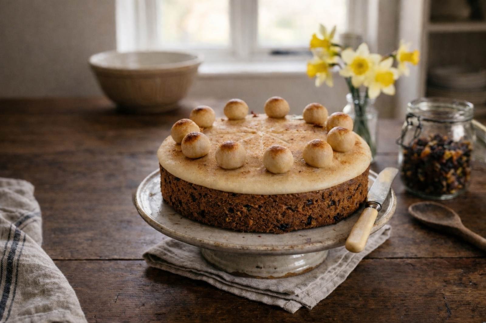 Simnel cake with marzipan topping and 11 balls