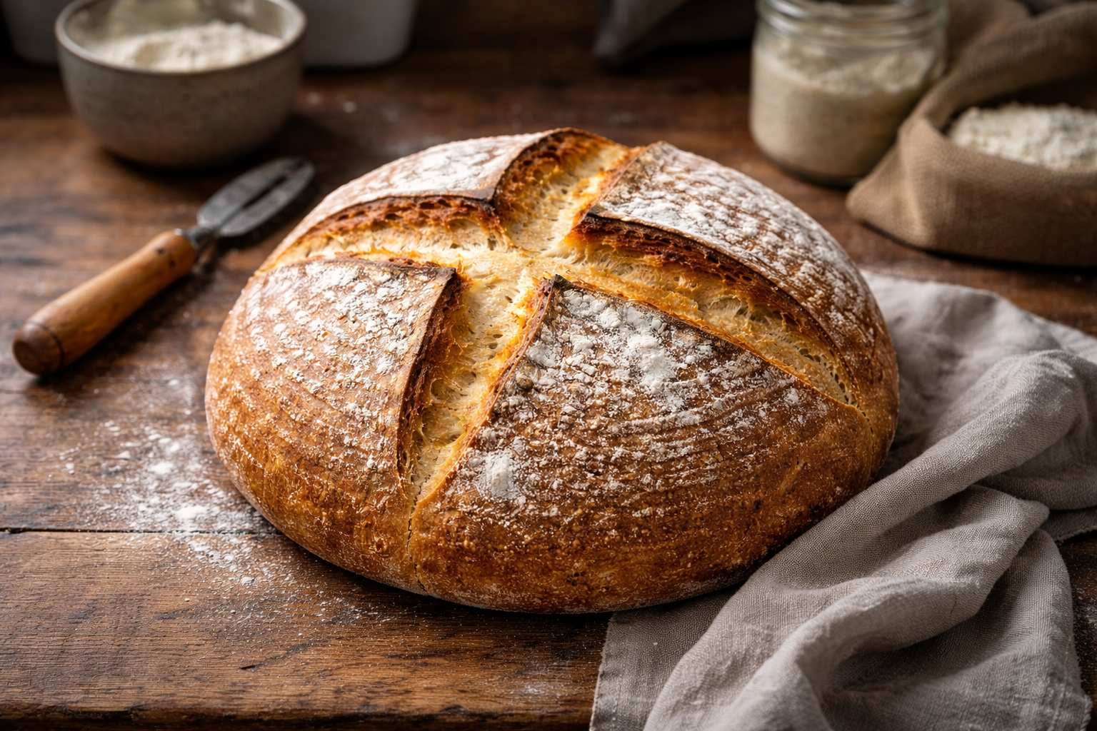 Round homemade bread loaf with cross scoring and crisp golden crust on wooden table with bread lame in background