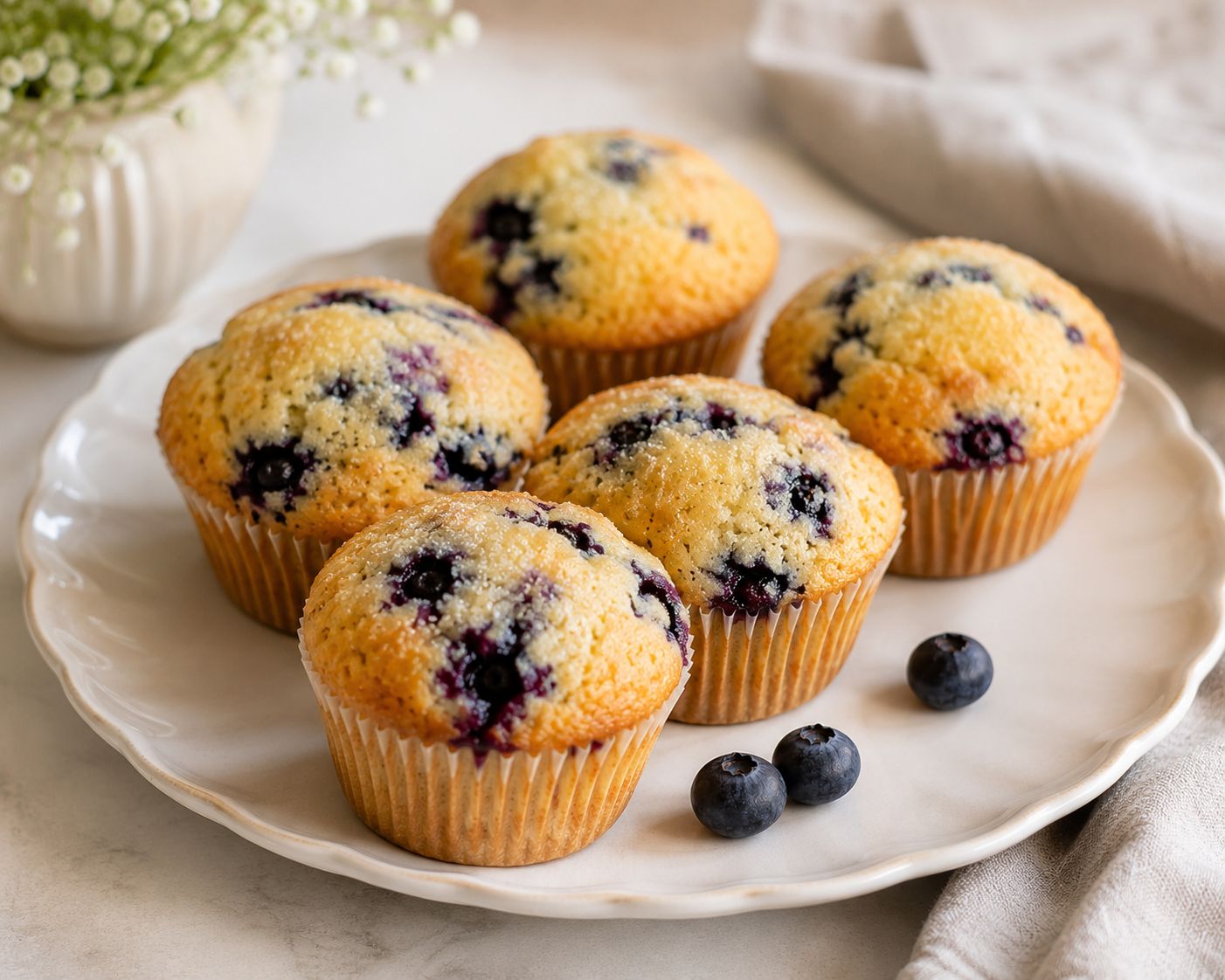 Homemade blueberry muffins with golden tops and fresh blueberries on a serving plate.
