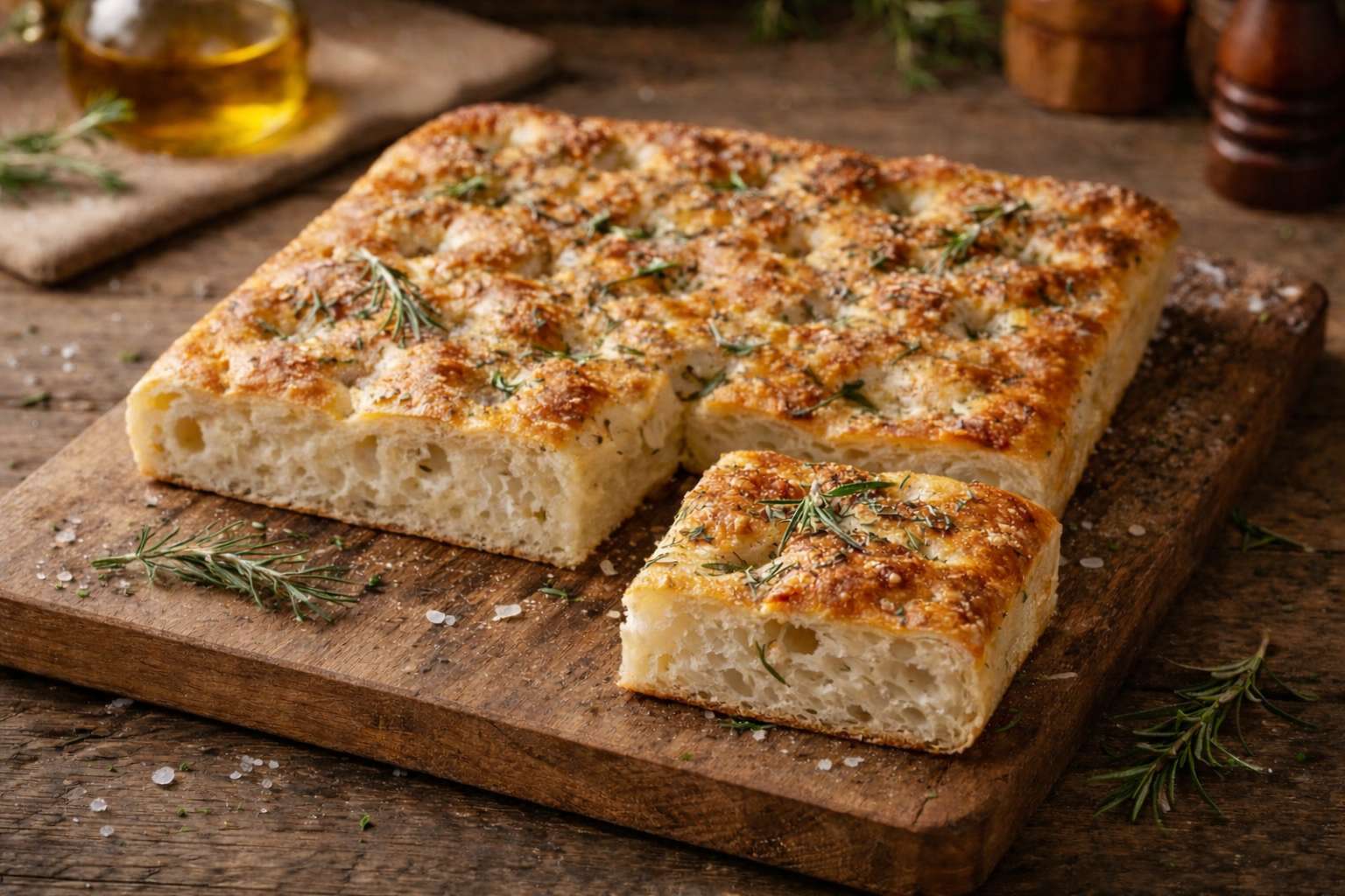 Homemade sourdough focaccia with rosemary and sea salt