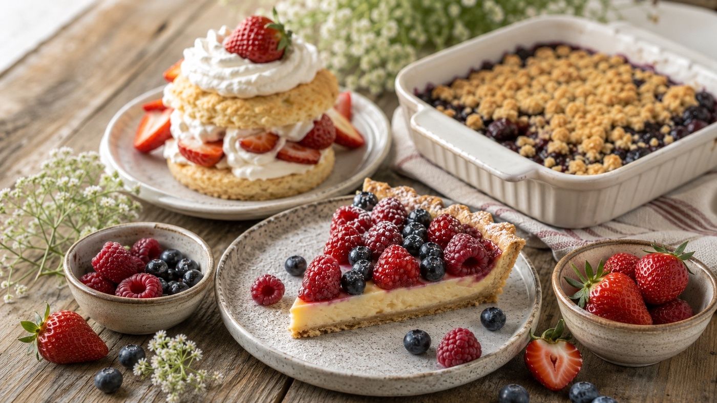Summer berry desserts with raspberry and blueberry tart, strawberry shortcake, blueberry crumble and fresh berries on a rustic wooden table.
