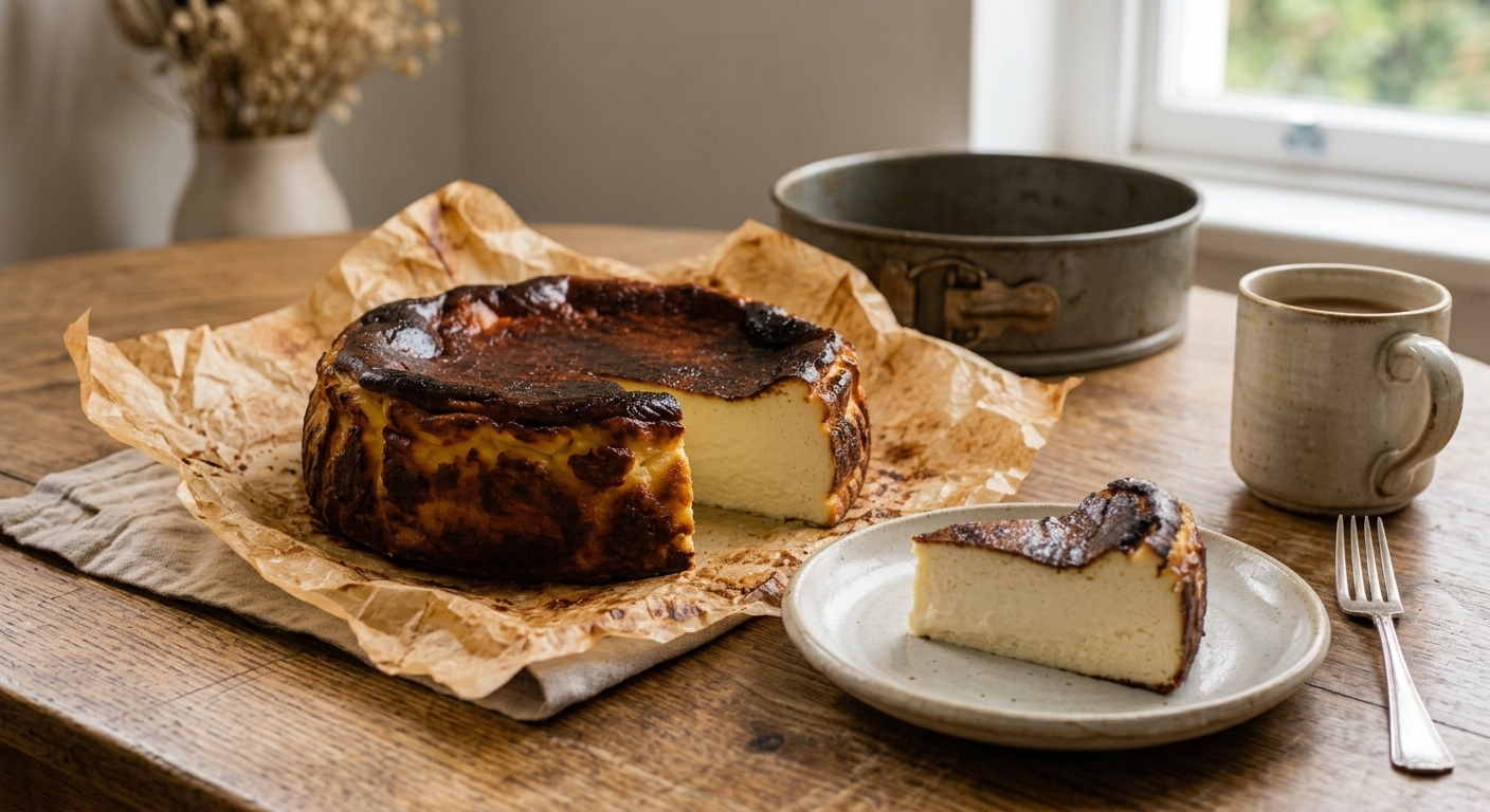 Basque cheesecake with a deeply browned top and creamy cut slice.