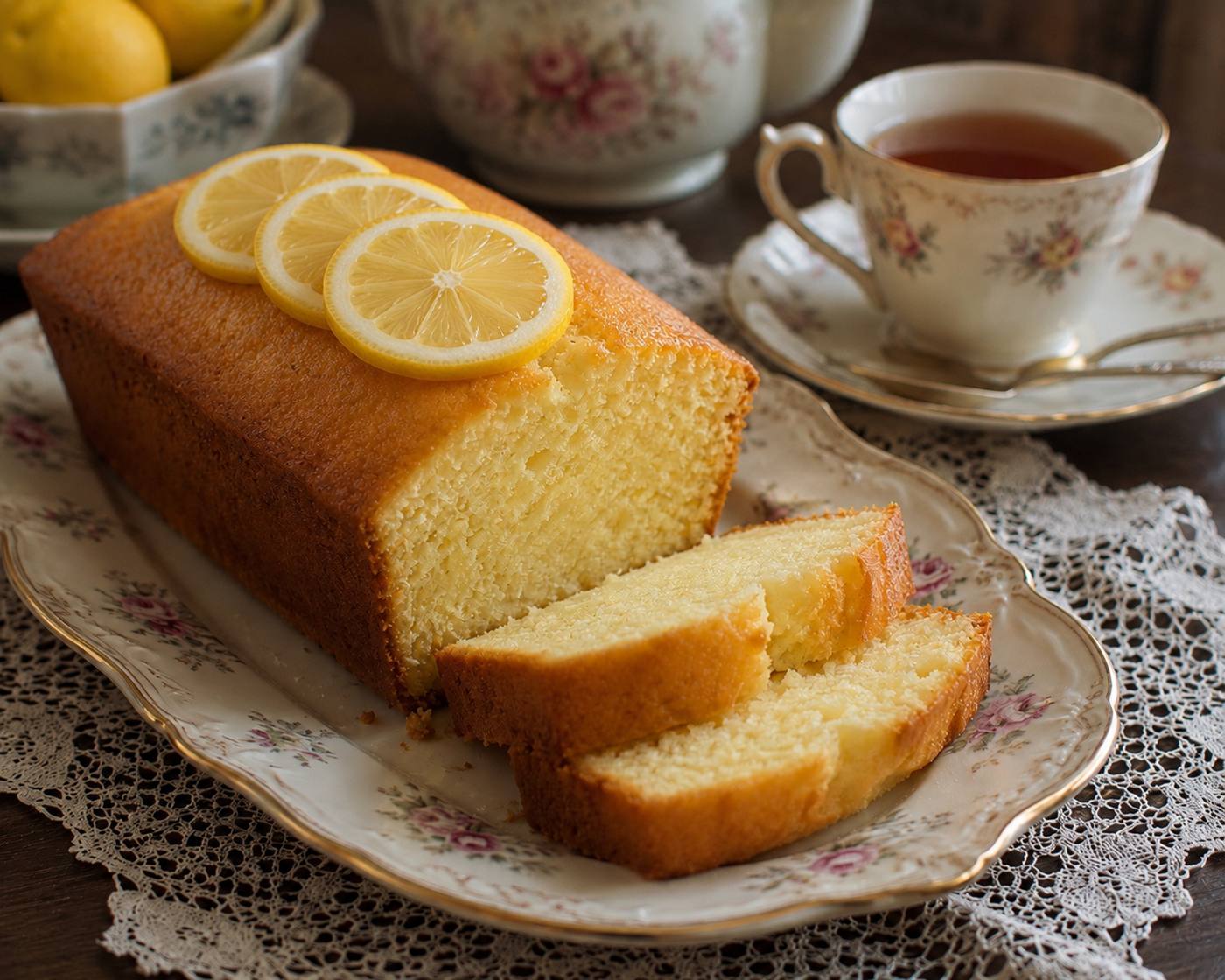 Classic homemade lemon pound cake with lemon slices on top, served with tea in a vintage setting.