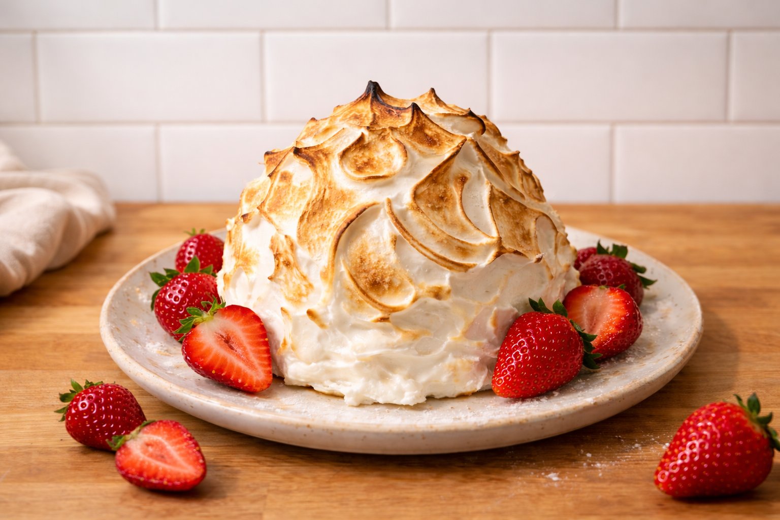 Baked Alaska with toasted meringue and fresh strawberries on a wooden countertop