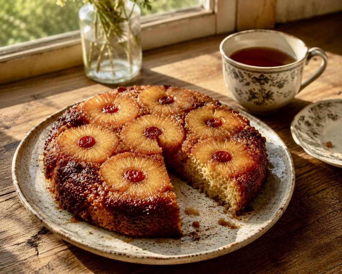 pineapple upside down cake with caramelised pineapple rings and cherries on butter cake