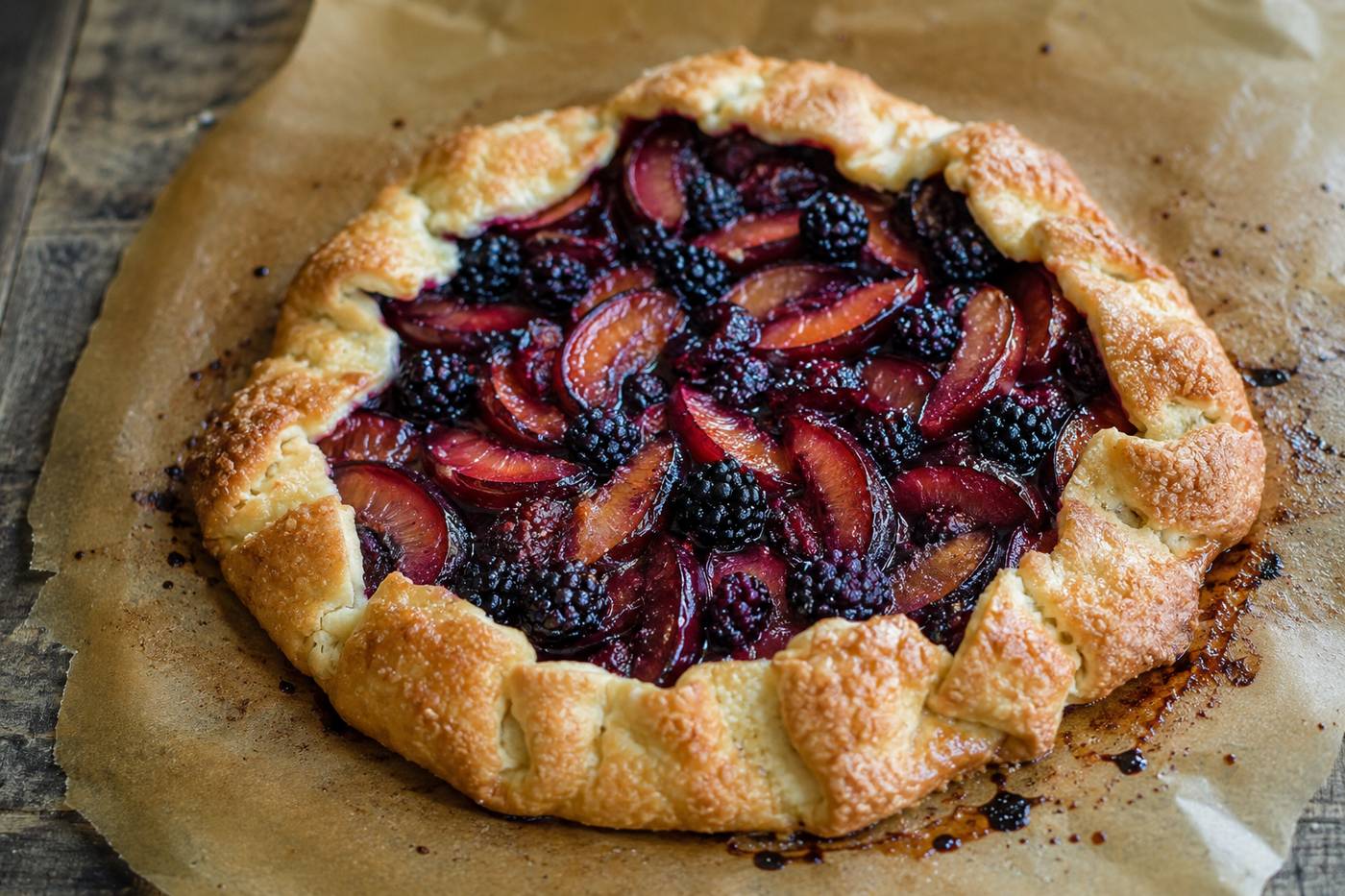 Rustic French fruit galette with seasonal plums and blackberries.