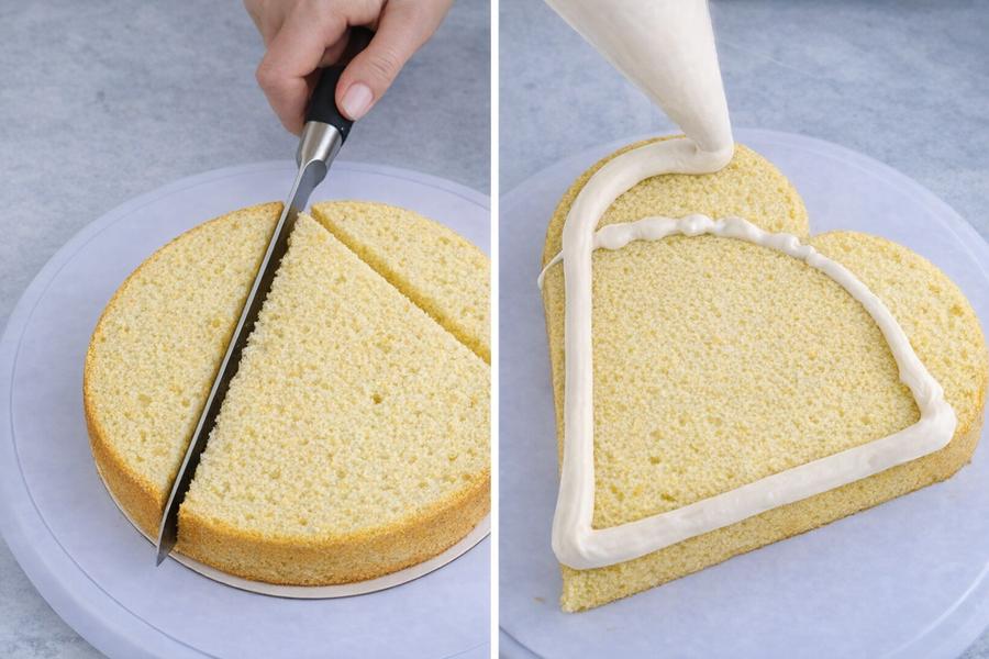 Heart-shaping technique using round sponge cake pieces arranged to form a heart-shaped cake 