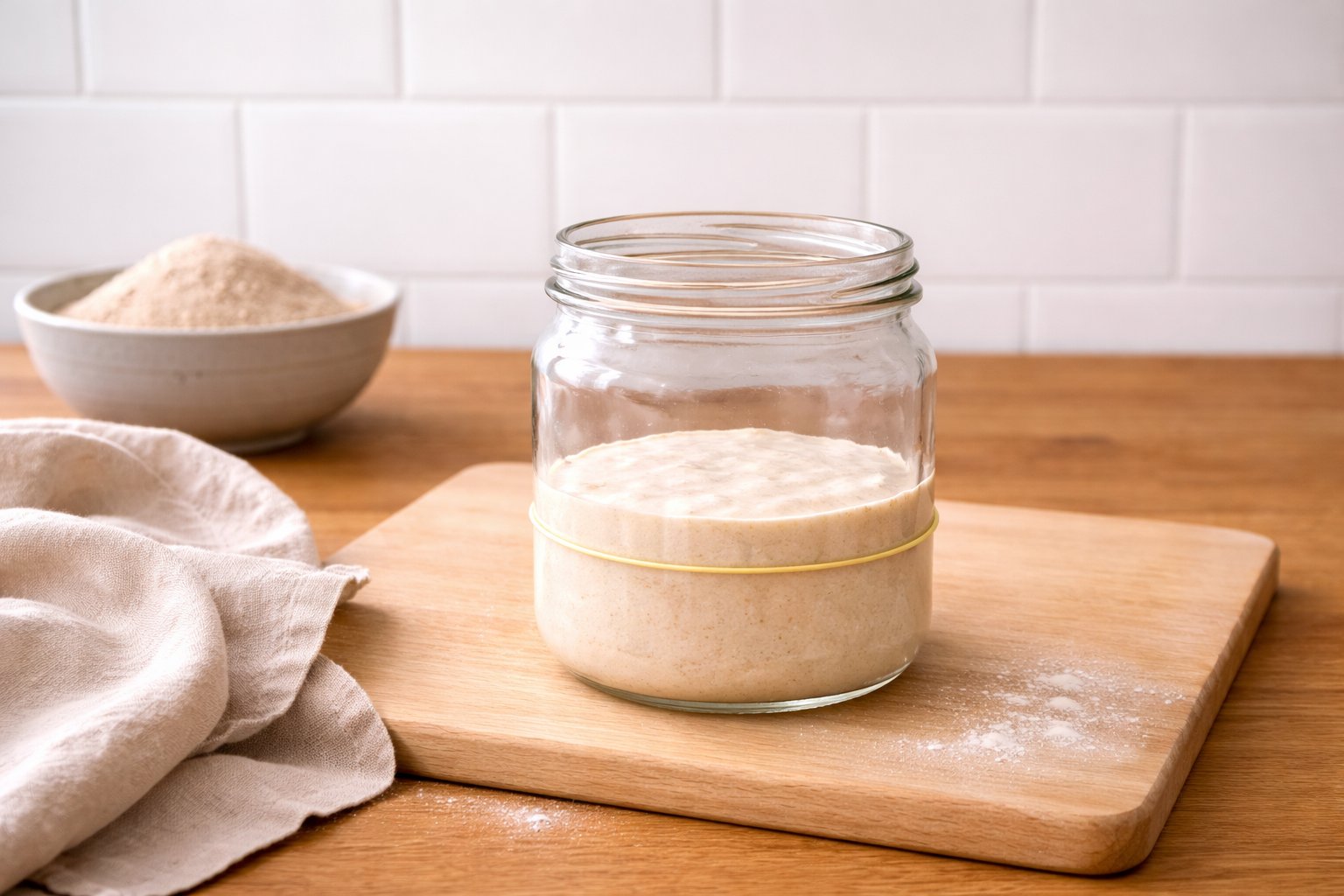 Freshly mixed sourdough starter in wide-mouth glass jar on wooden kitchen counter