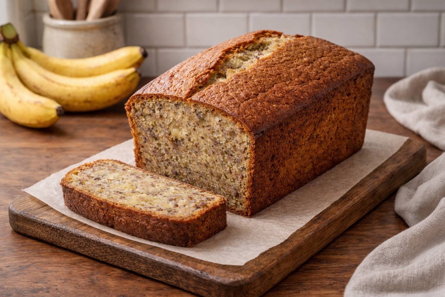 Gluten-free banana loaf made with coconut flour, sliced on a wooden board