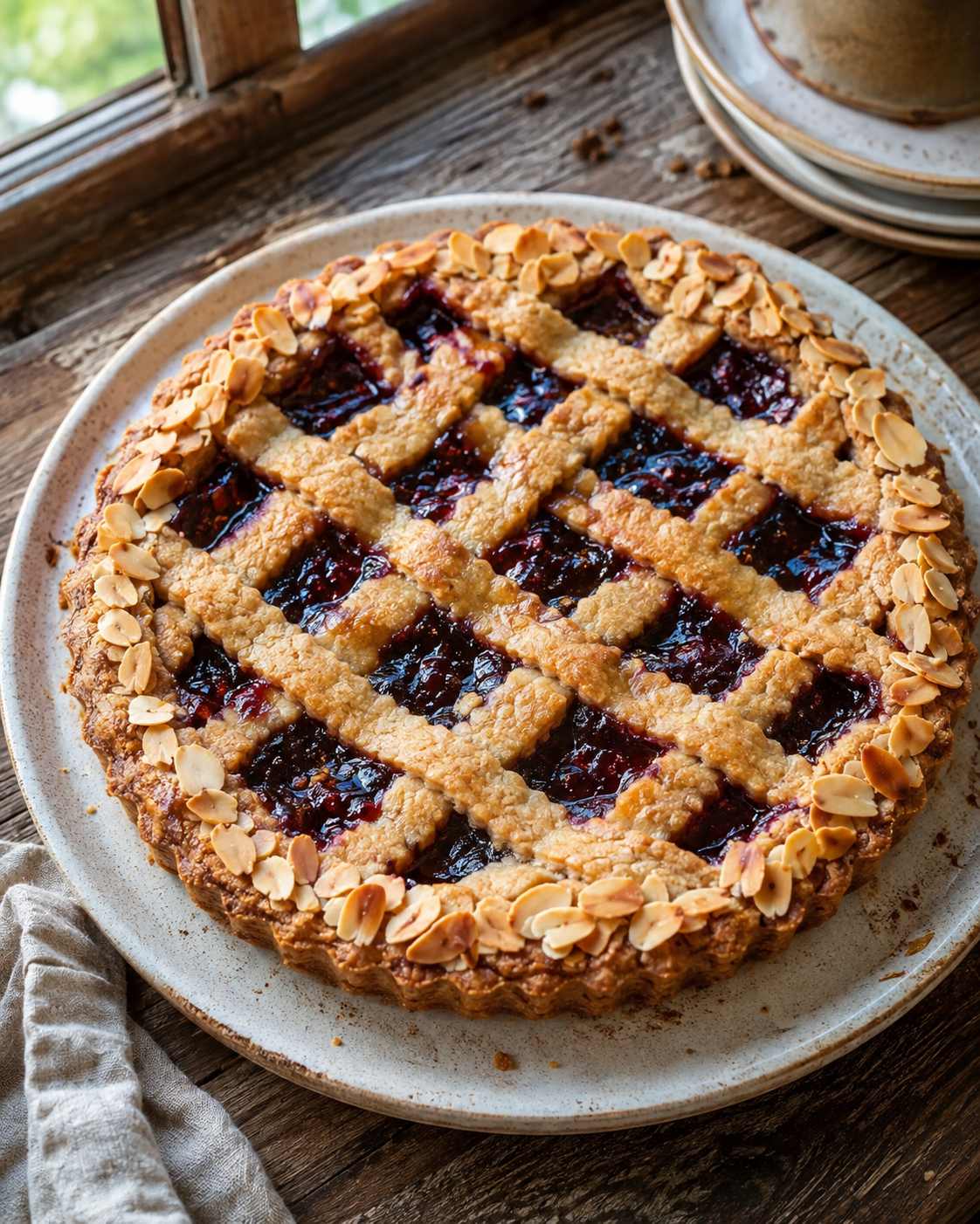 Rustic homemade Linzer Torte with a lattice pastry top and raspberry jam filling, dusted with icing sugar.
