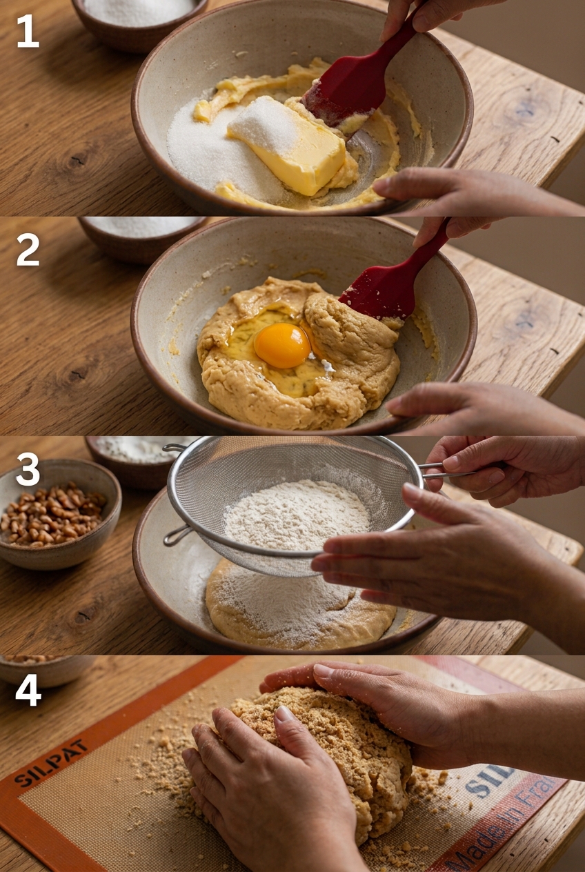 Four step-by-step images showing walnuts being prepared and mixed with butter, sugar, egg and flour to make hup toh soh dough.