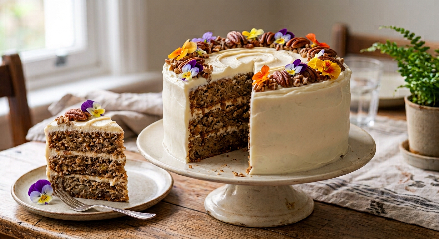 Three-layer hummingbird cake with cream cheese frosting, pecans and edible flowers.
