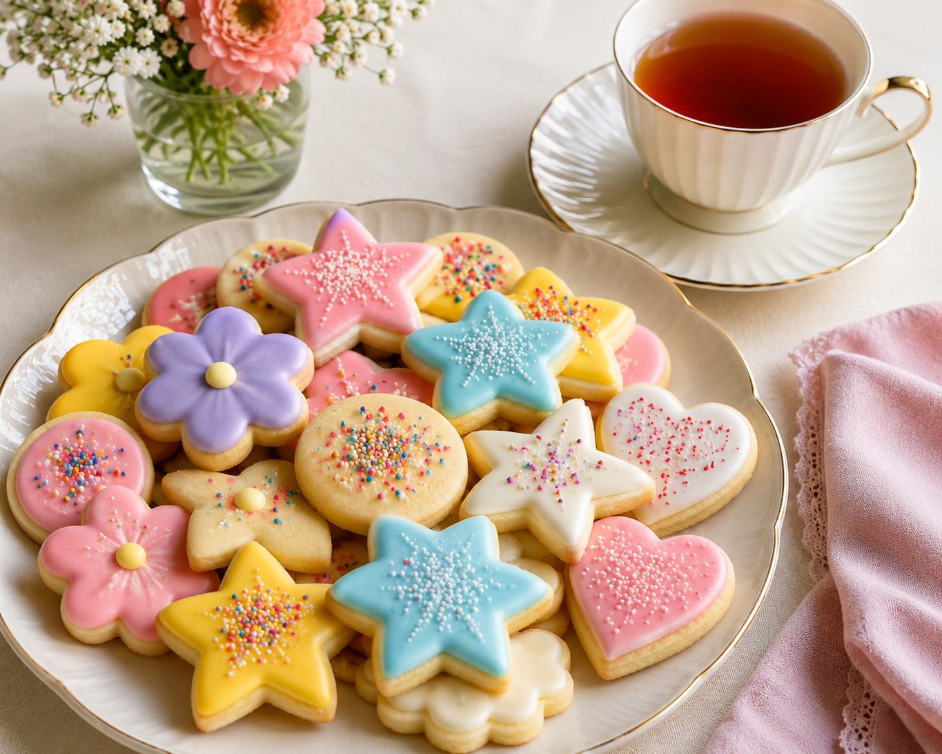 Plate of pastel-iced sugar cookies in star, flower and heart shapes served beside a cup of tea on a light table setting.