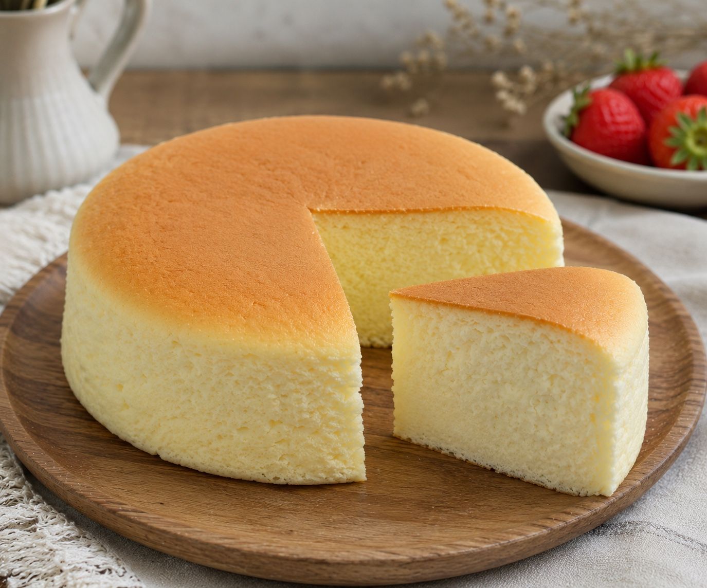 Homemade Japanese cheesecake on a wooden board