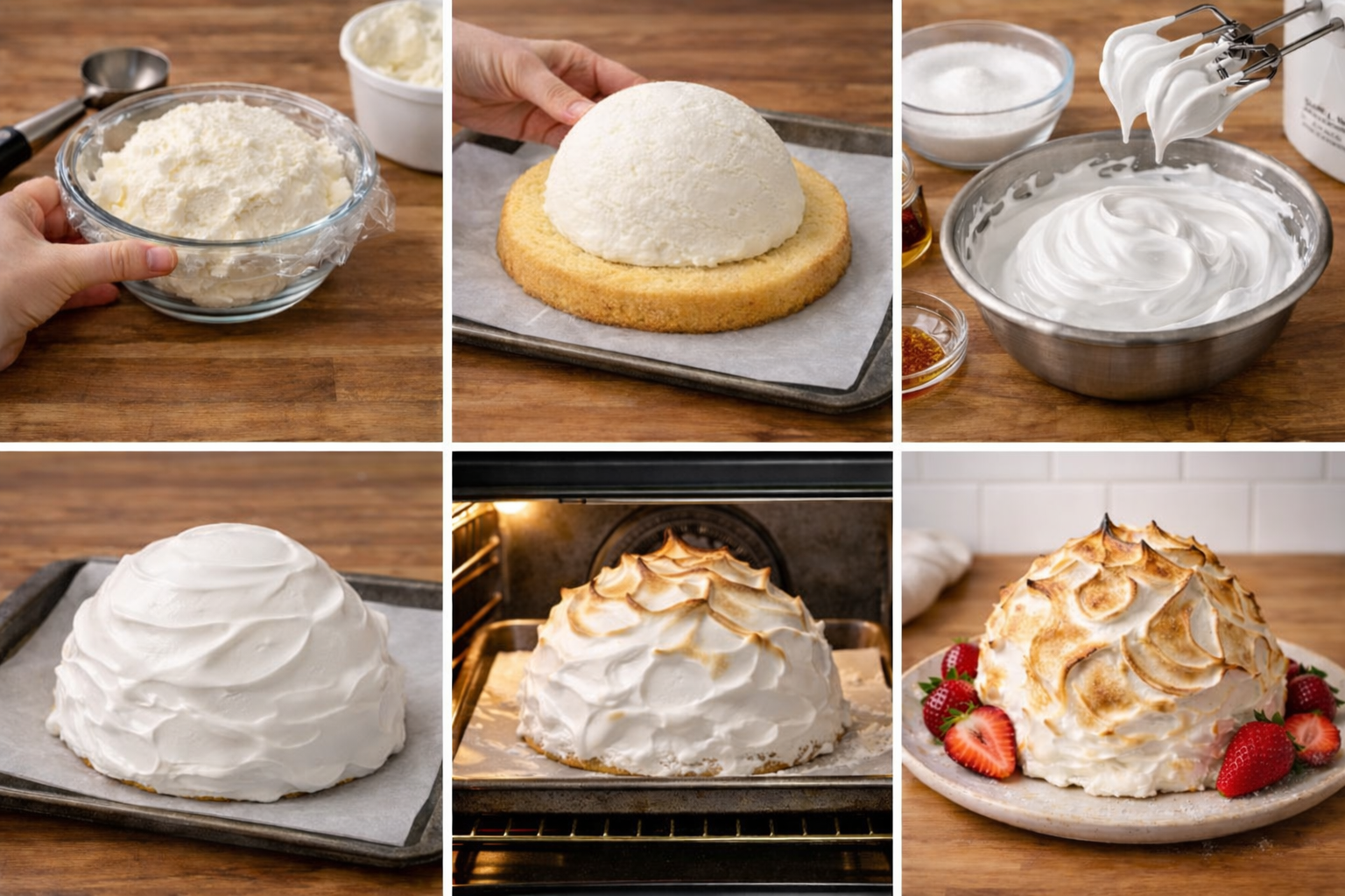 Baked Alaska recipe step-by-step process with sponge cake, ice cream dome, meringue coating, and toasted meringue finish.