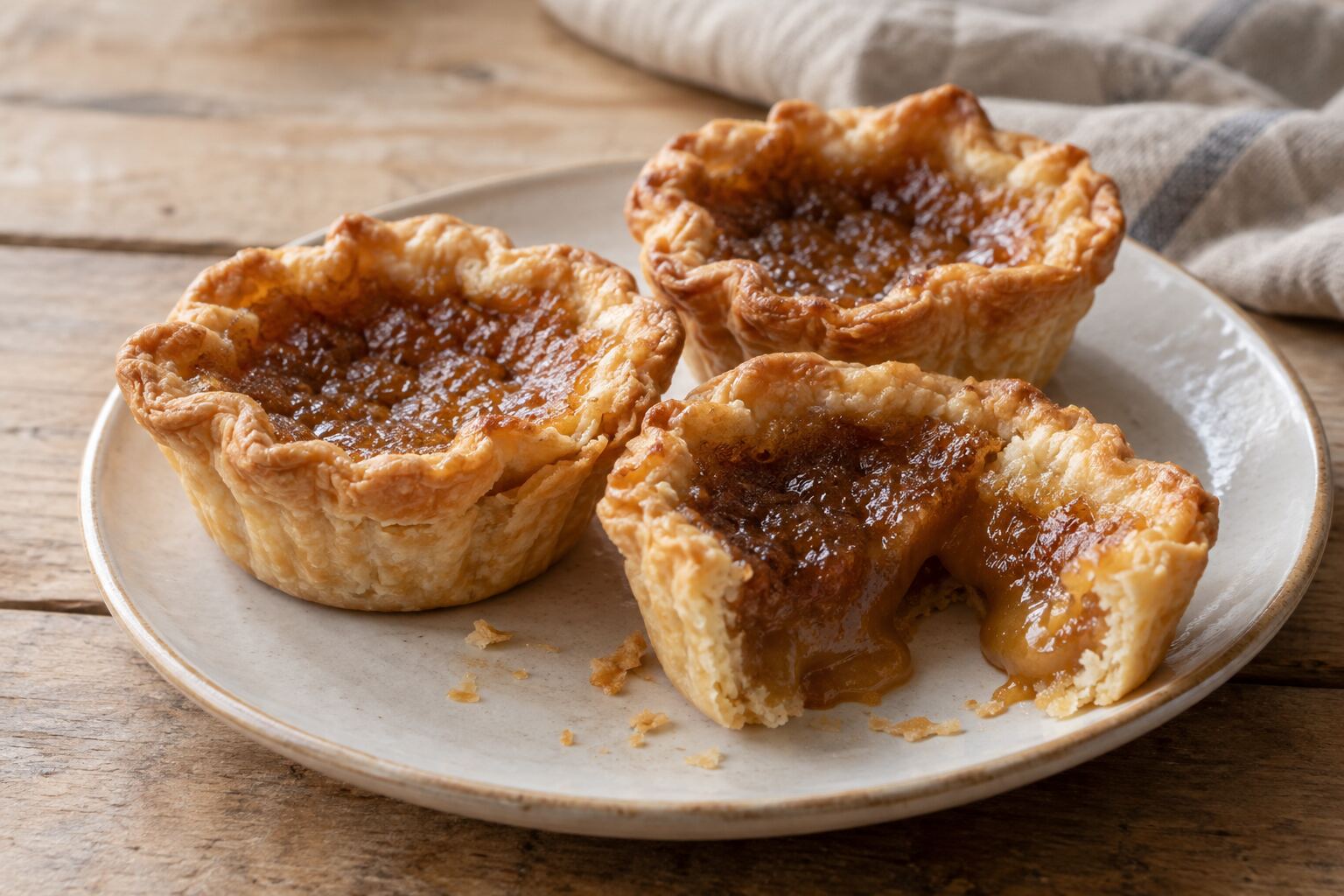 Traditional Canadian butter tarts with golden pastry shells and glossy brown-sugar filling.