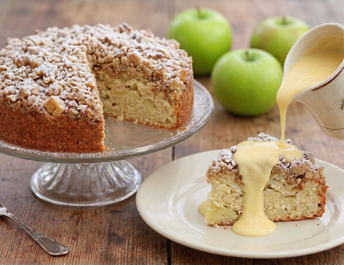 Irish apple cake with sliced apples, crumble topping and vanilla custard.