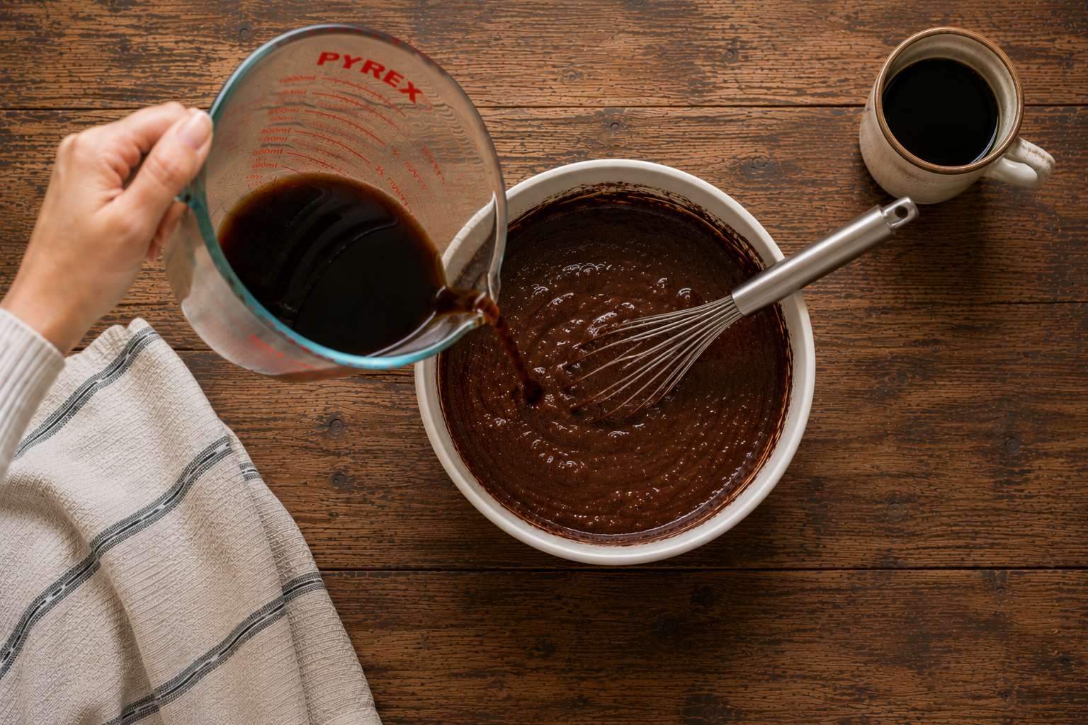 pouring hot coffee into chocolate cake batter to enhance cocoa flavour and richness