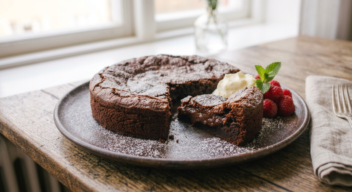 Homemade Swedish kladdkaka with a soft chocolate centre.