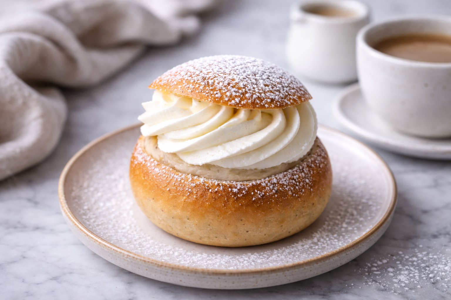 Close-up of a Swedish semla bun filled with piped whipped cream and topped with powdered sugar, served on a ceramic plate with coffee in the background.