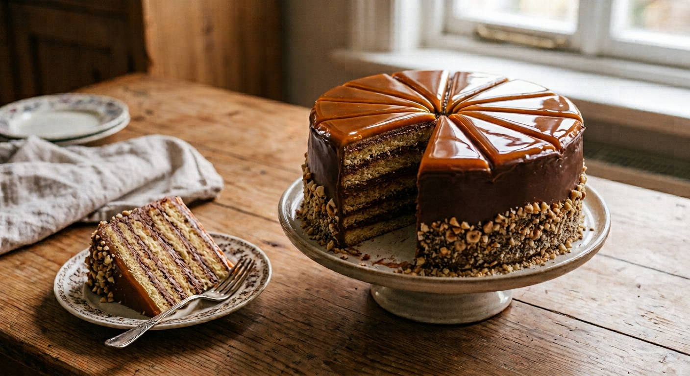 Hungarian Dobos torte with thin sponge layers, chocolate buttercream and caramel-topped wedges.
