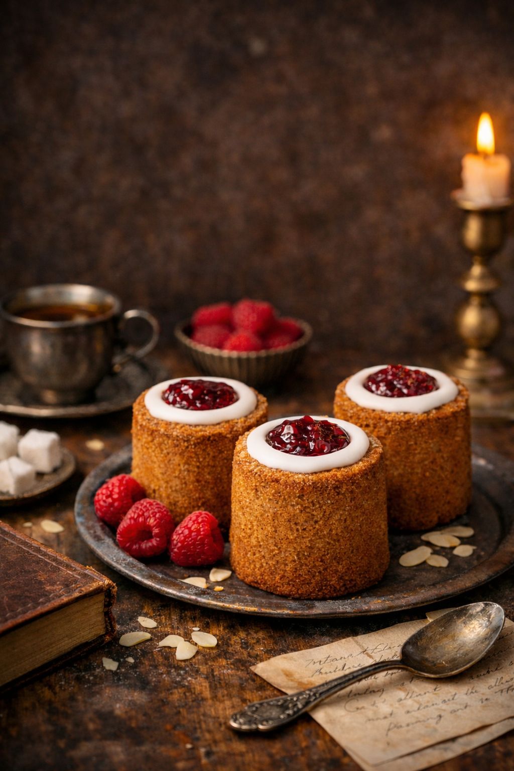 Three Runeberg tortes with white icing and raspberry jam on a rustic metal tray, surrounded by raspberries, almonds, vintage spoon, and candlelight on a wooden table.