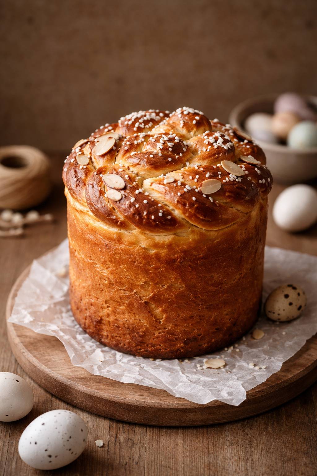 tall paska bread with braided top and pearl sugar on wooden board