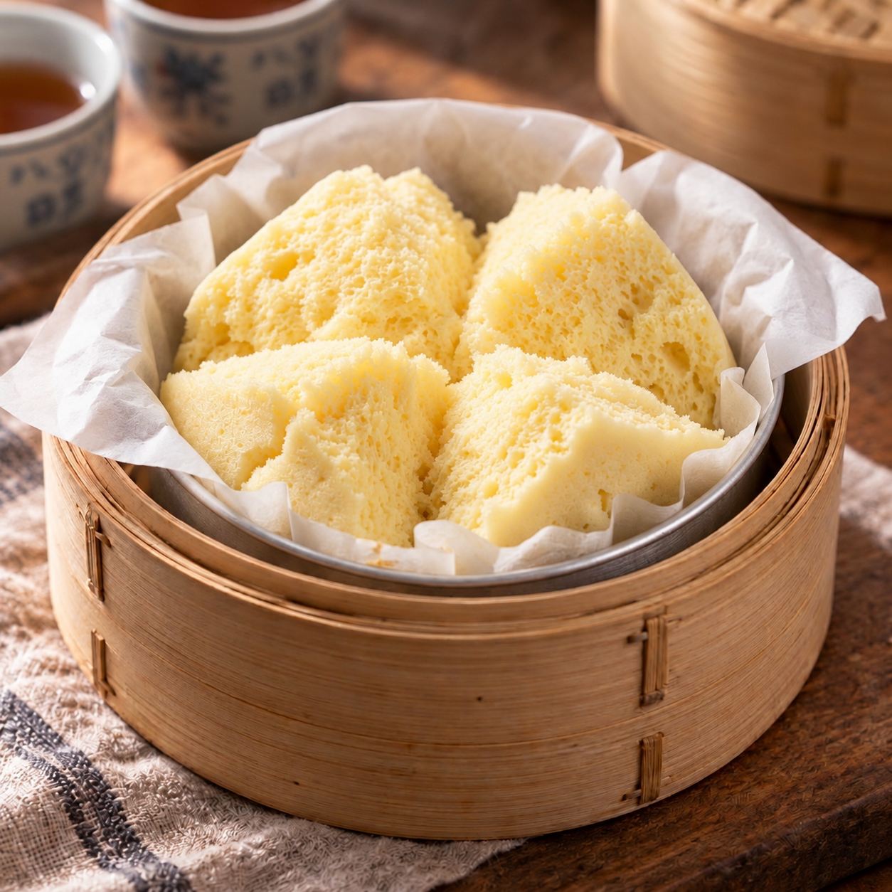 Pale-yellow kueh neng ko with a split top in a parchment-lined round tin inside a bamboo steamer.