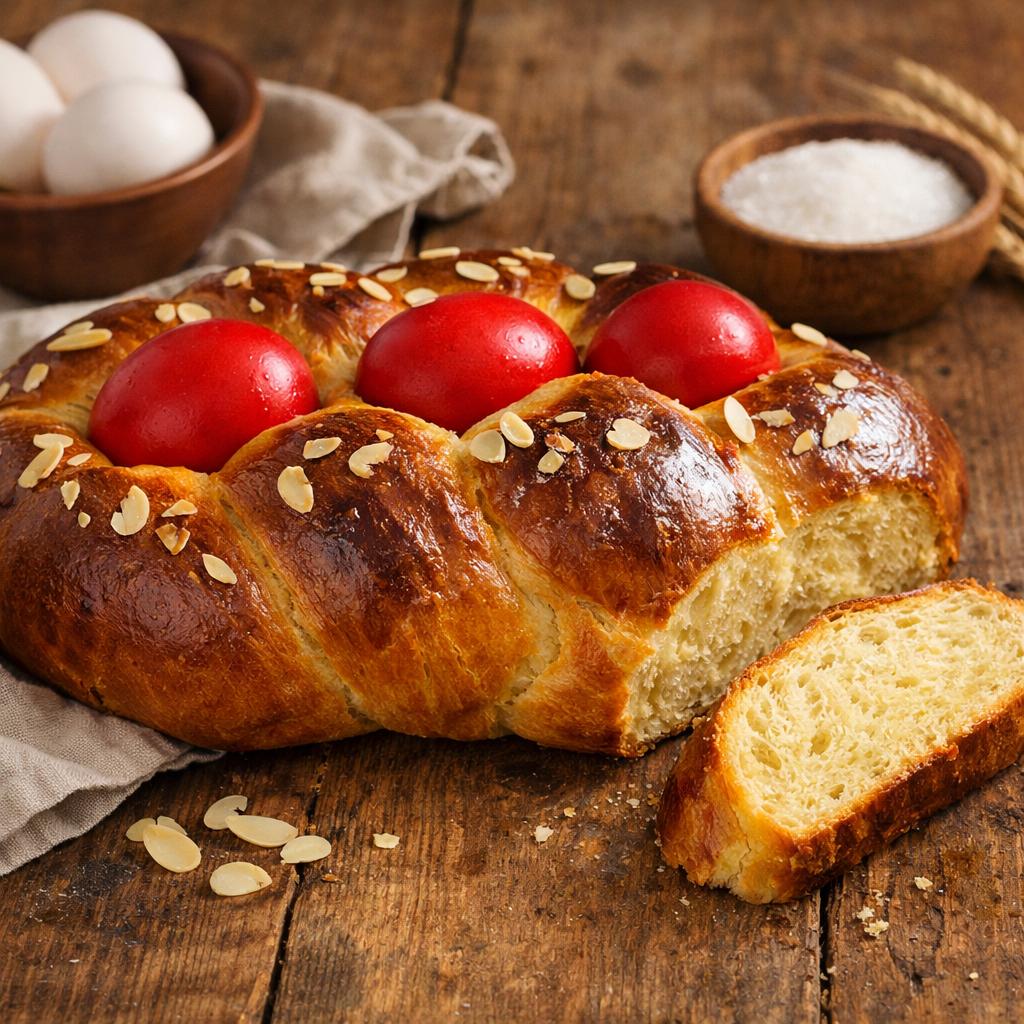 Greek Tsoureki braided Easter bread with red eggs