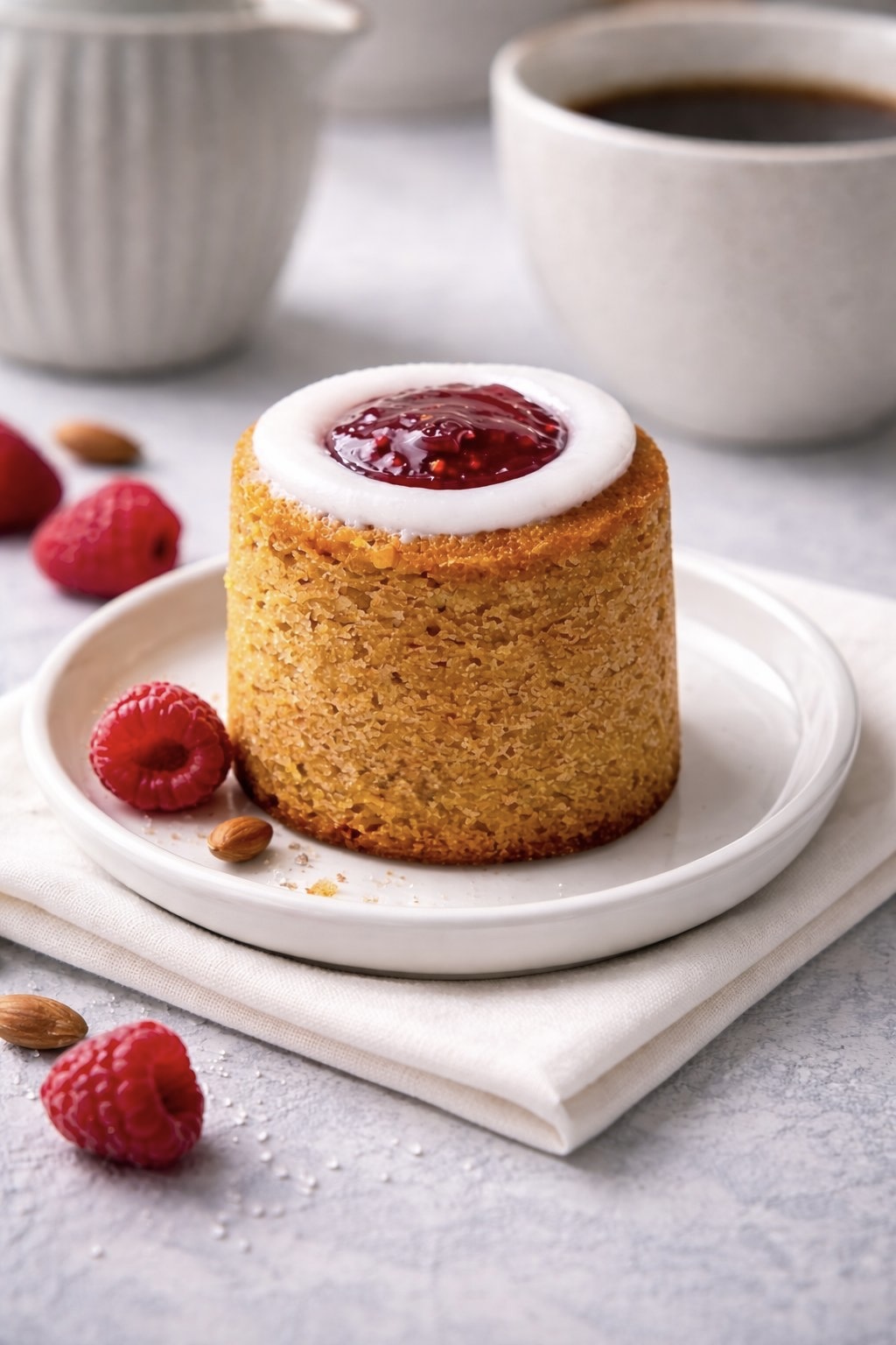 A whole Runeberg torte topped with raspberry jam and white icing, served on a white plate with fresh raspberries, almonds, and a cup of coffee in the background.