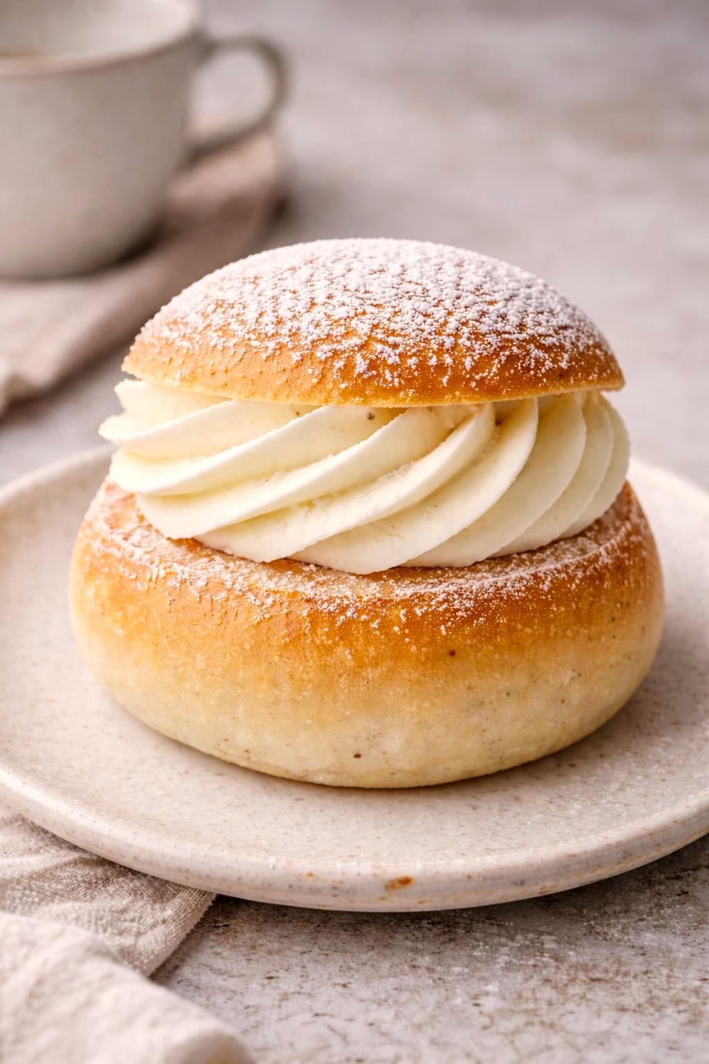 Laskiaispulla, a Finnish Shrove bun filled with whipped cream and lightly dusted with icing sugar, served on a ceramic plate