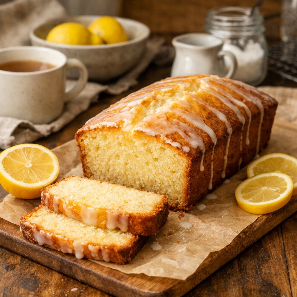 Lemon drizzle cake on wooden table with glaze and fresh lemons