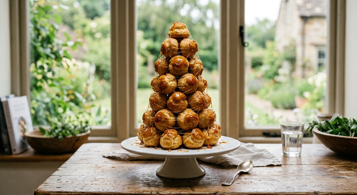 Traditional French croquembouche tower of small cream puffs coated in golden caramel.