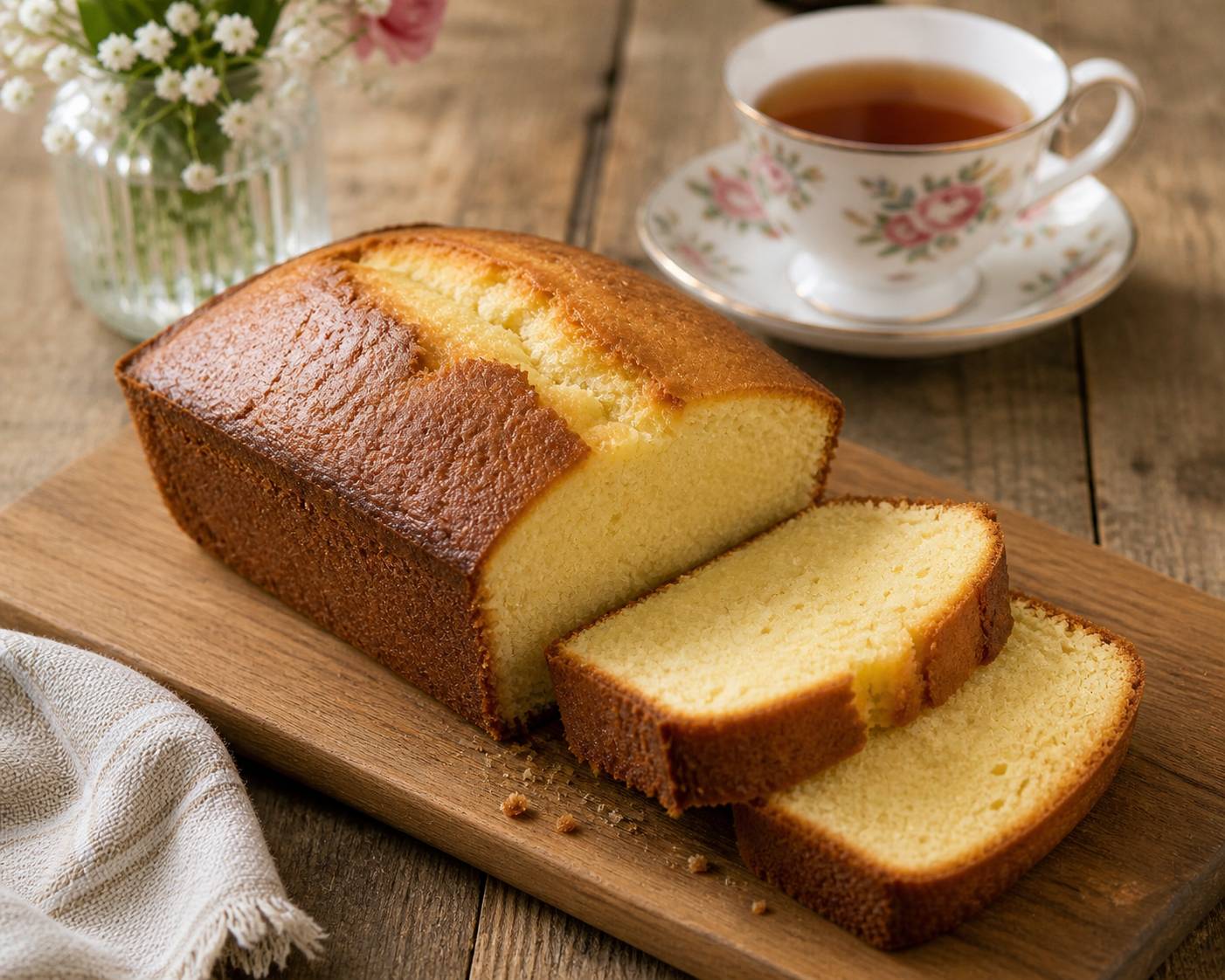 butter loaf cake next day moist crumb sliced cake crack top wooden board tea cup background