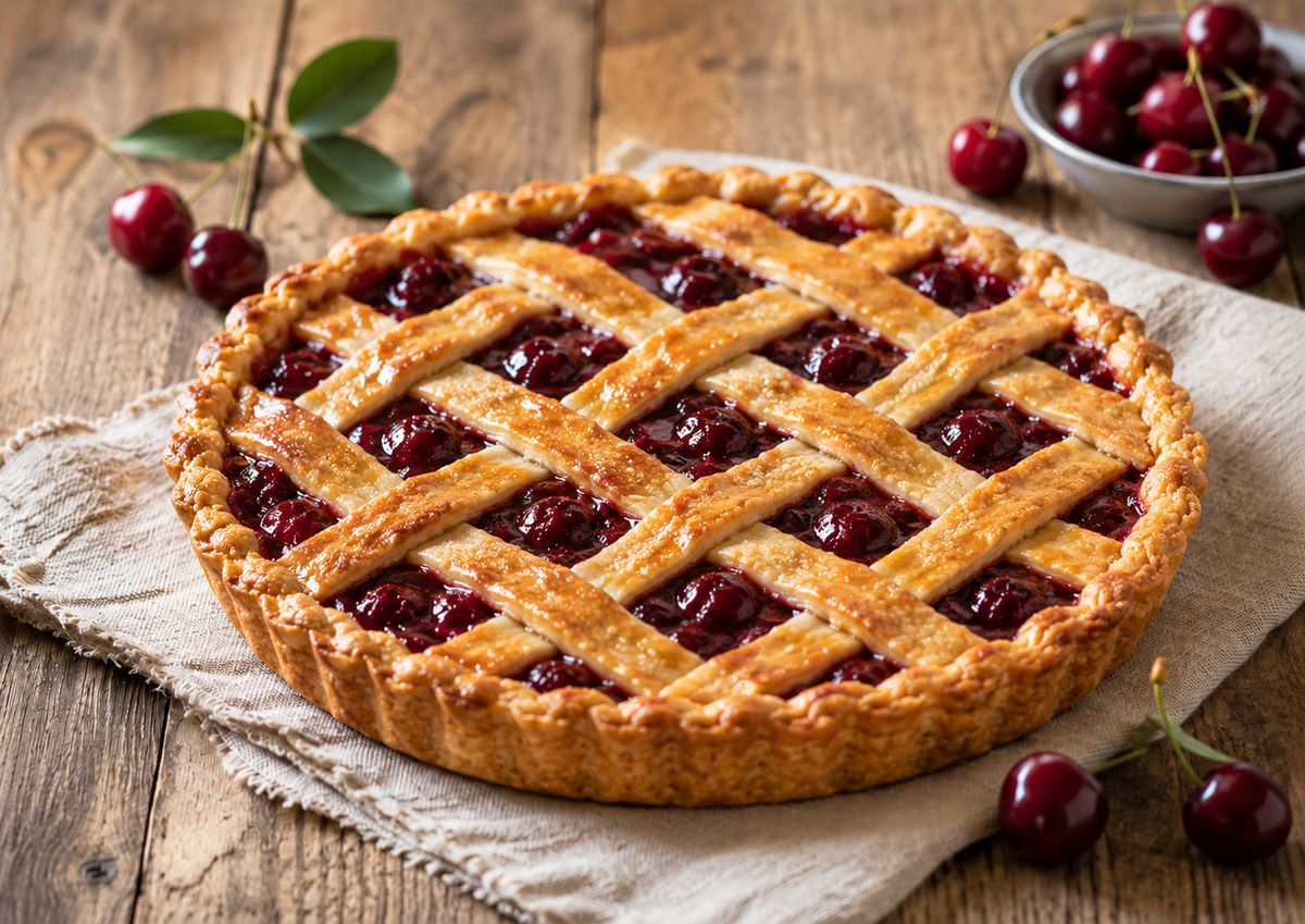 Cherry lattice tart with golden pastry and glossy cherry filling