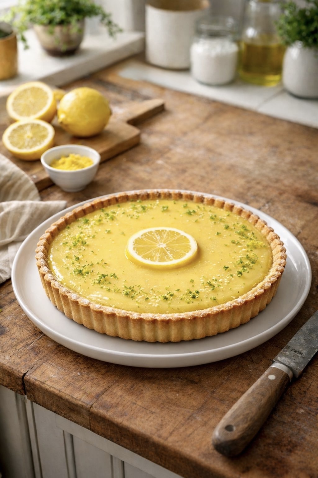 Classic lemon tart with smooth citrus filling and fluted pastry crust, displayed on a plate in a home kitchen.