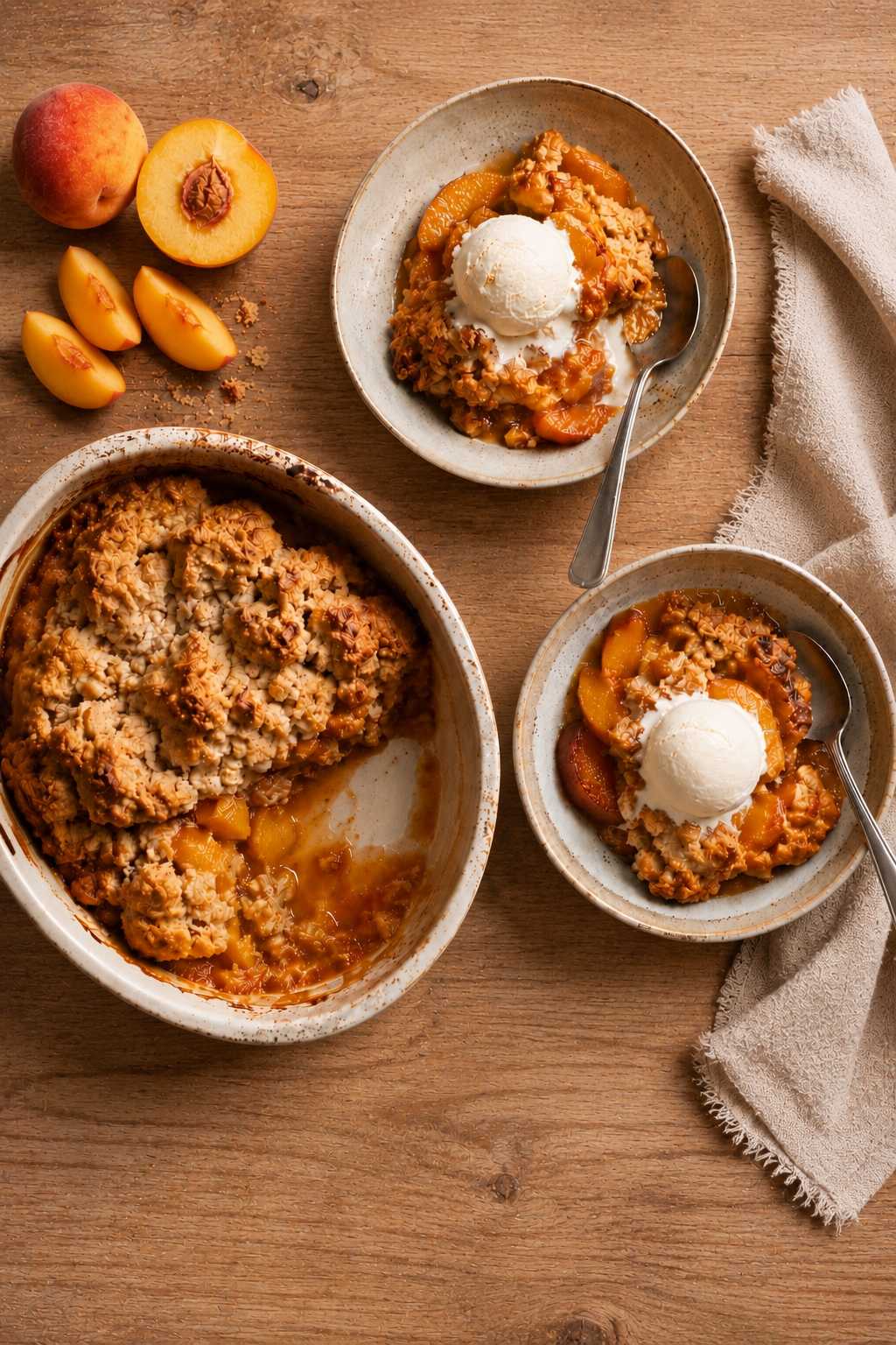 peach cobbler with vanilla ice cream and fresh peaches in baking dish