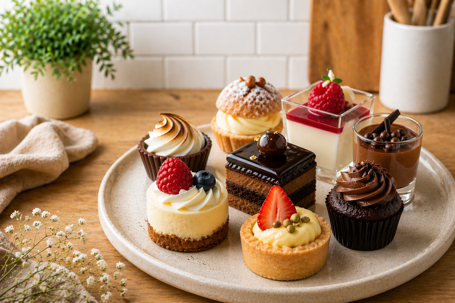 Mini desserts trend featuring small cakes tarts and mousse desserts on plate