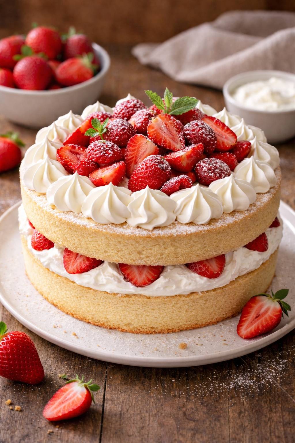 Japanese strawberry shortcake with whipped cream and fresh strawberries on rustic table