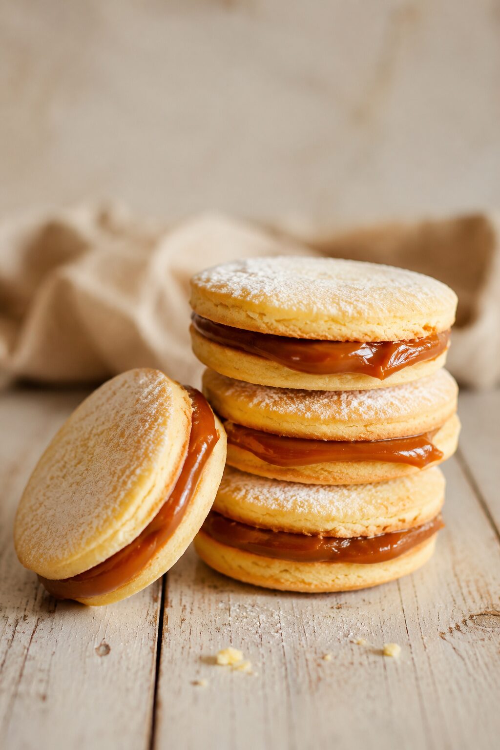Argentinian alfajores filled with dulce de leche and dusted with icing sugar.