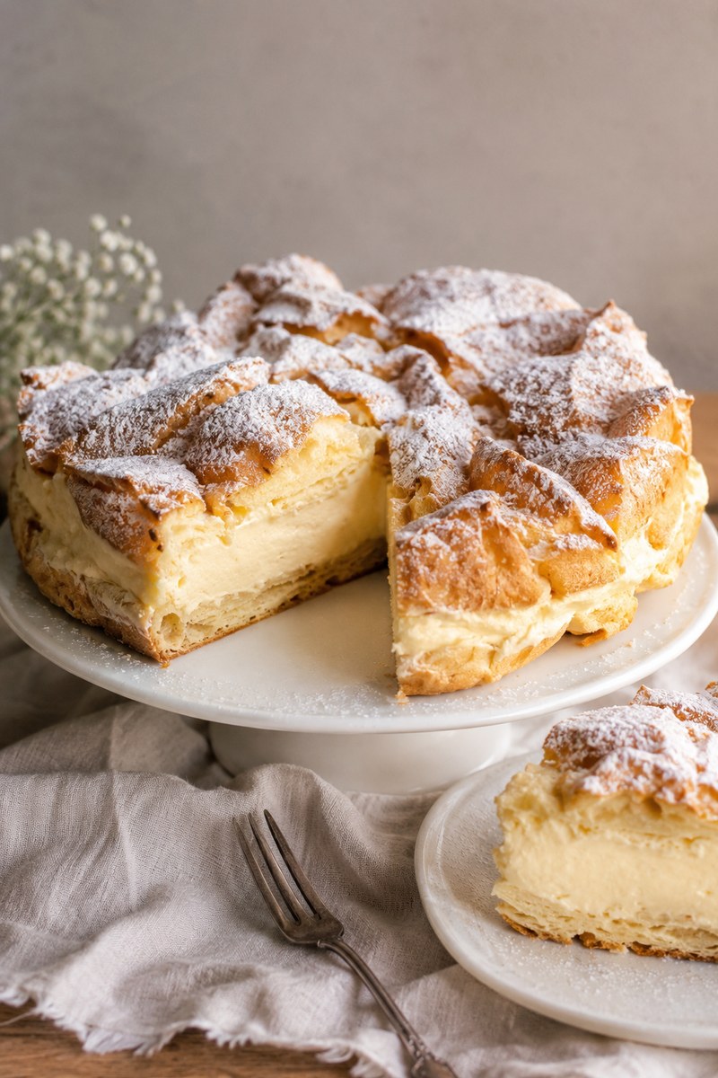 Traditional Polish karpatka cake with two layers of golden choux pastry, vanilla cream filling and icing sugar on top.