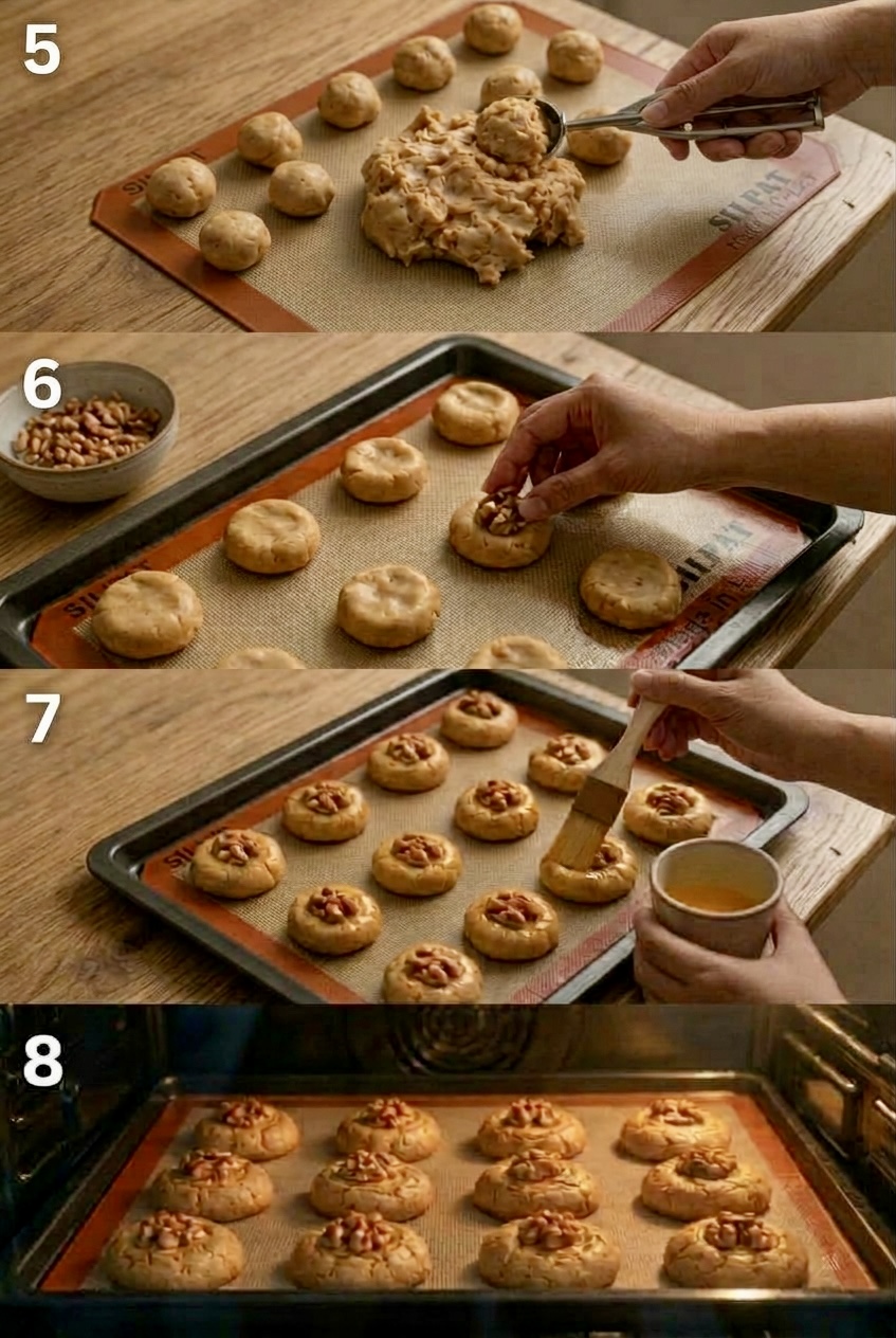 Four step-by-step images showing hup toh soh dough being portioned and brushed with egg wash, followed by golden baked walnut biscuits on a silicone baking mat.