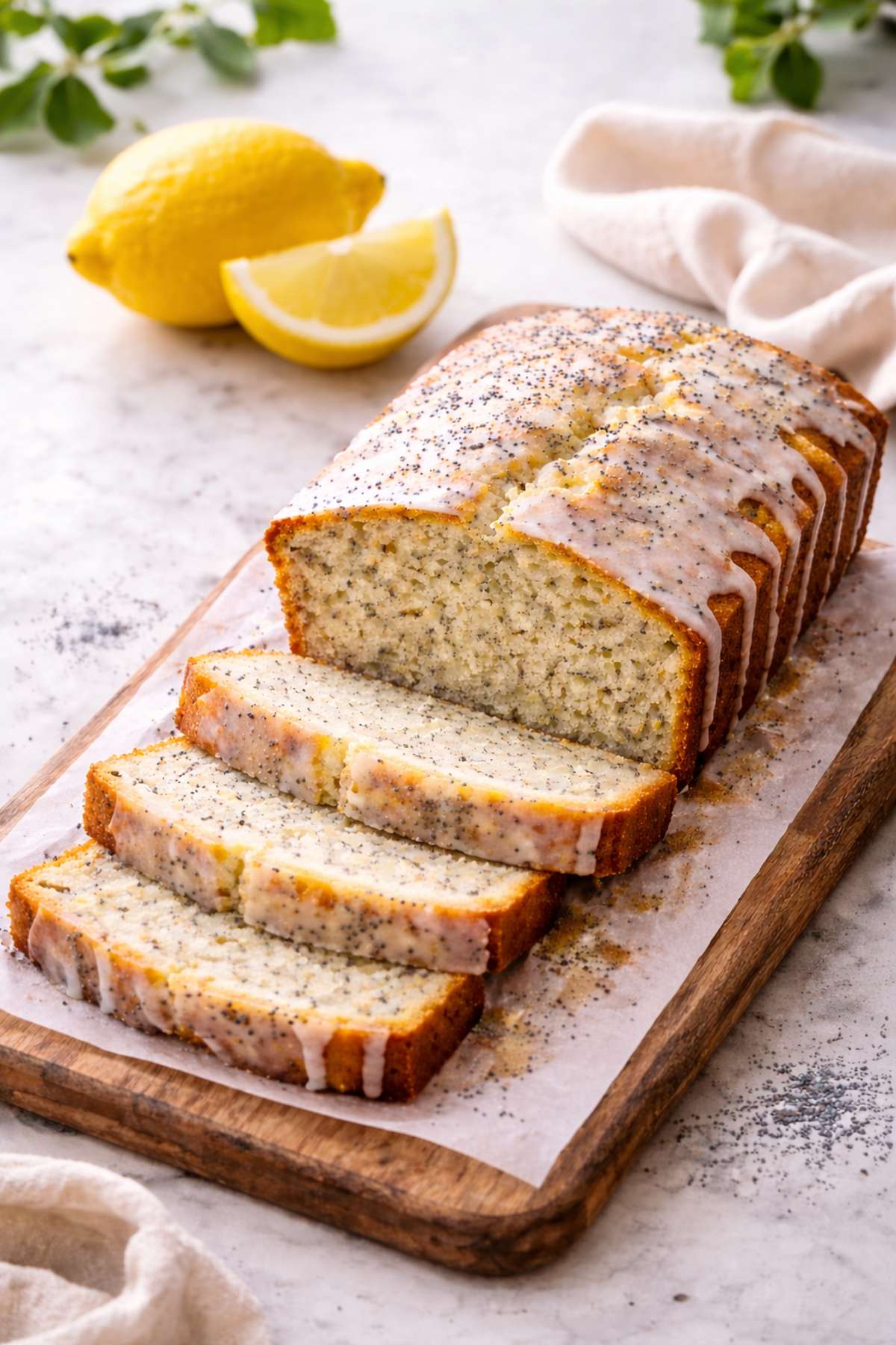 homemade lemon poppy seed loaf cake with lemon glaze