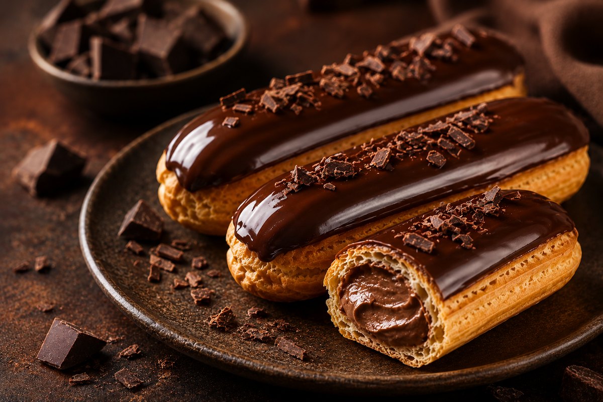 Chocolate éclairs with glossy chocolate glaze and pastry cream filling