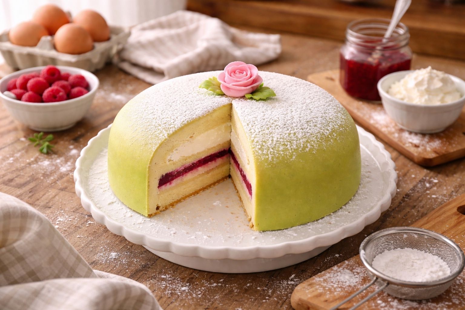 Swedish Princess Cake with green marzipan and cream layers